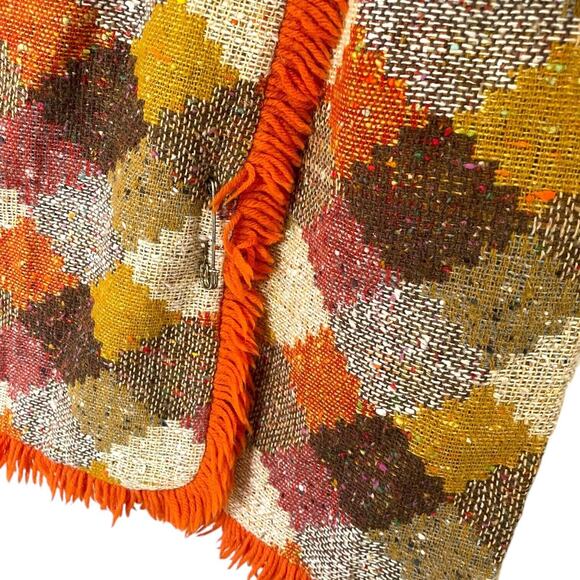 60s Vintage Orange Sweater Knit Fall Tapestry Dress Fringe Long Sleeve Autumn - Picture 2 of 3
